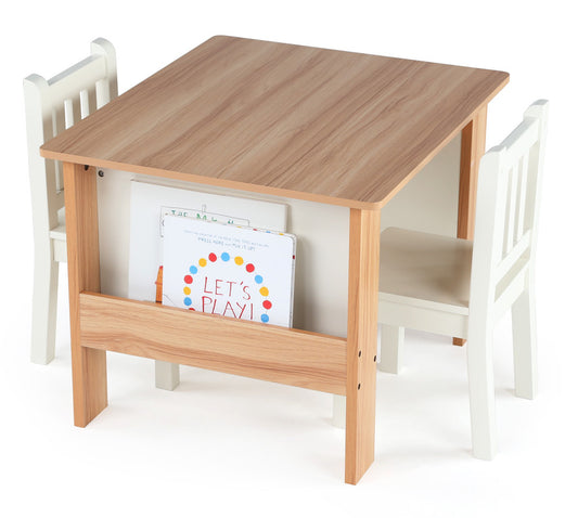 Children's Wood Table and 2 Chairs Set with Book Storage, Natural/White