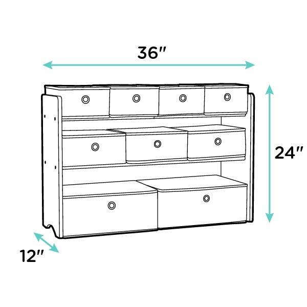 Children's Wooden Toy Organiser Shelf, 9 Fabric Bins, Grey