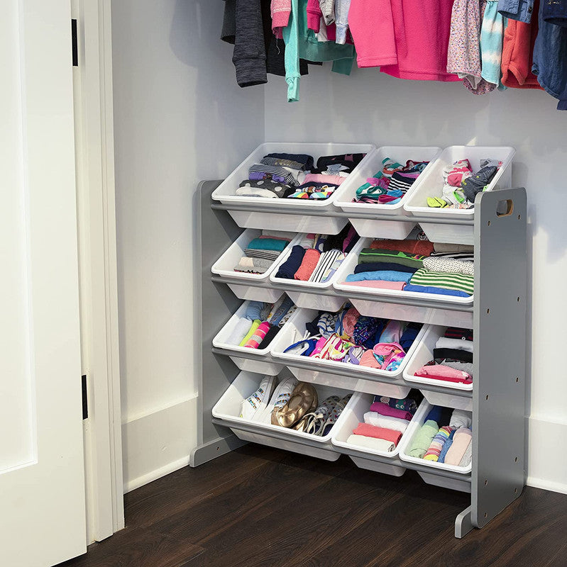 Children's Toy Organiser Shelf with 12 Storage Boxes, Grey/White