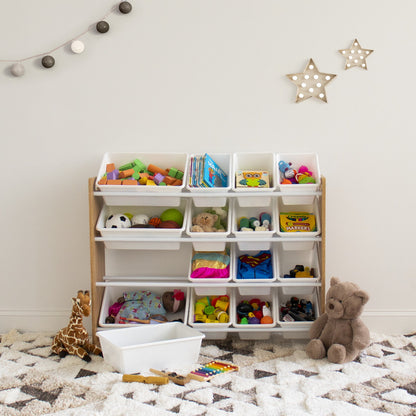 Children's Toy Organiser Shelf with 16 Storage Boxes, Natural/White