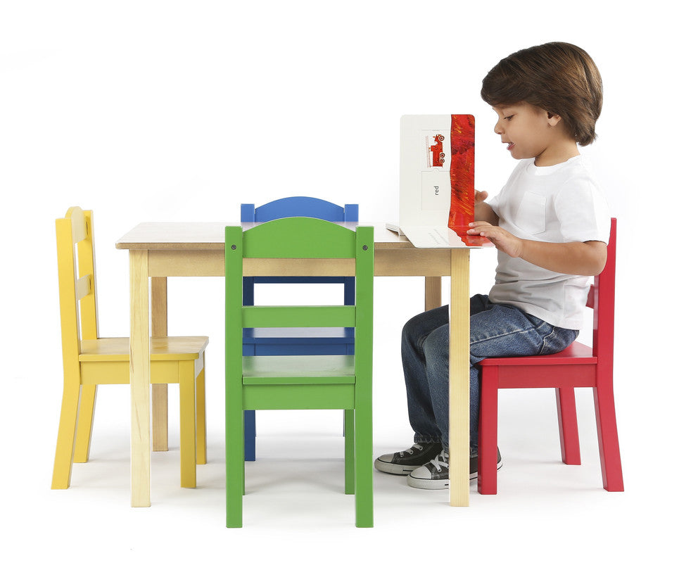 Children's Wooden Square Table and 4 Chairs Set, Natural Wood/Primary