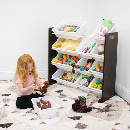 Children's Toy Organiser Shelf with 12 Storage Boxes, Espresso/White