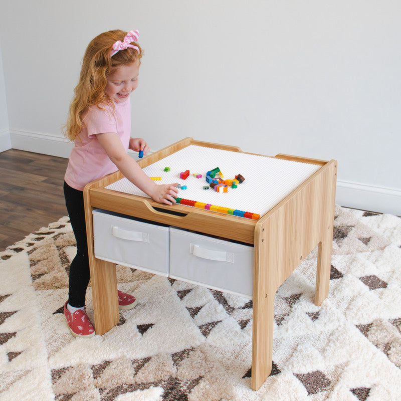 Children's Wood Building Block-Compatible Construction Table with 4 Bins, White/Natural Wood