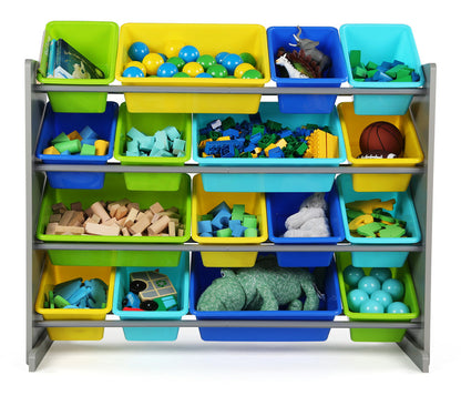 Children's Toy Organiser Shelf with 16 Storage Boxes, Grey/Blue/Green/Yellow