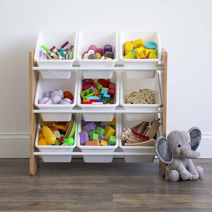 Children's Toy Organiser Shelf with 9 Storage Boxes, Natural/White