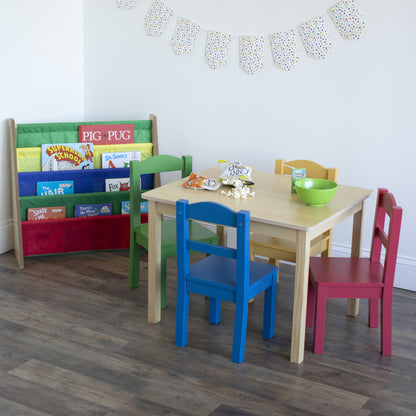 Children's Wooden Square Table and 4 Chairs Set, Natural Wood/Primary