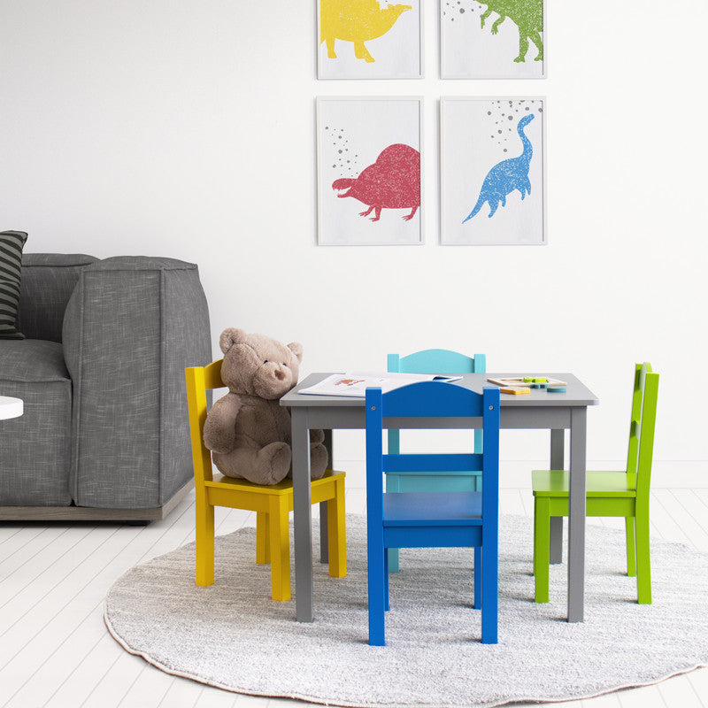 Children's Wooden Square Table and 4 Chairs Set, Grey/Blue/Green/Yellow