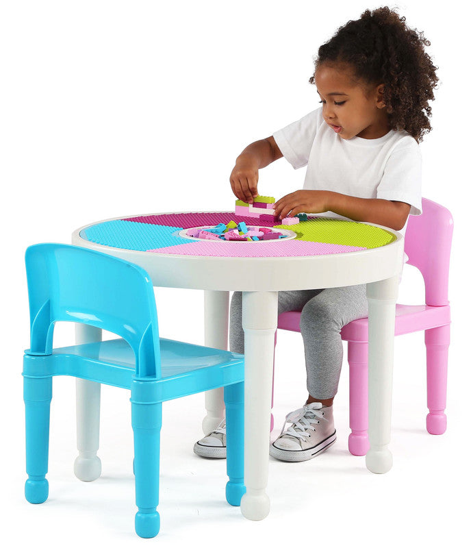 Childrens 2-in-1 Plastic Building Blocks-Compatible Activity Table and 2 Chairs Set, Round, White/Blue/Pink
