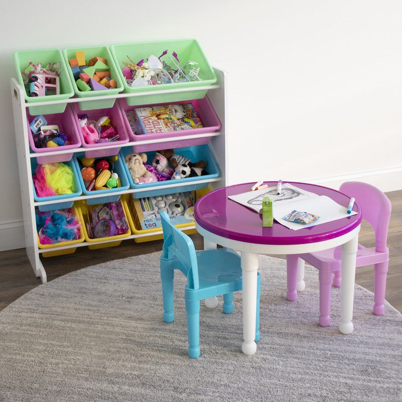 Children's Toy Organiser Shelf with 12 Storage Boxes, White and Pastels