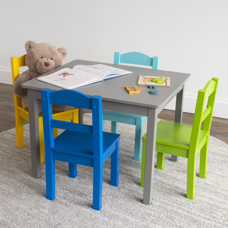 Children's Wooden Square Table and 4 Chairs Set, Grey/Blue/Green/Yellow