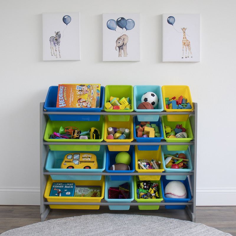 Children's Toy Organiser Shelf with 16 Storage Boxes, Grey/Blue/Green/Yellow