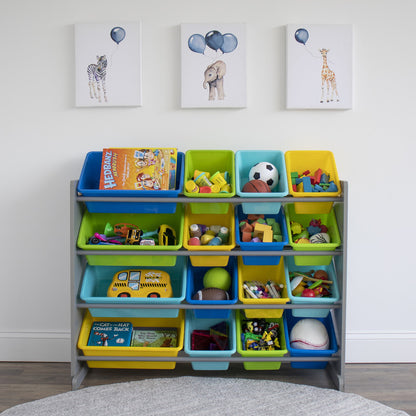 Children's Toy Organiser Shelf with 16 Storage Boxes, Grey/Blue/Green/Yellow