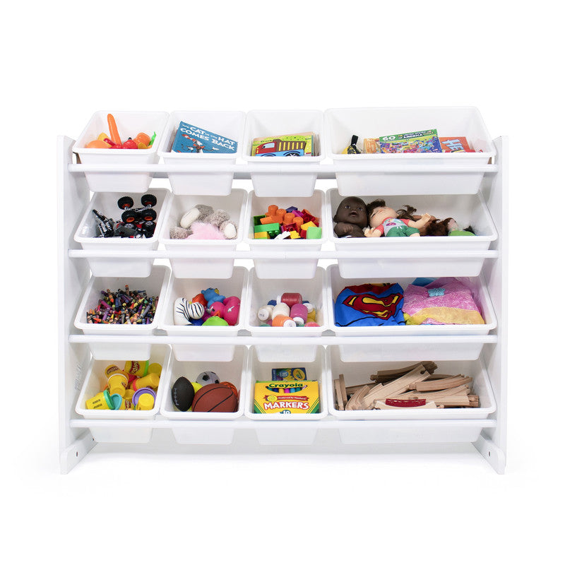 Children's Wooden Toy Organiser Shelf with 16 Plastic Bins, White