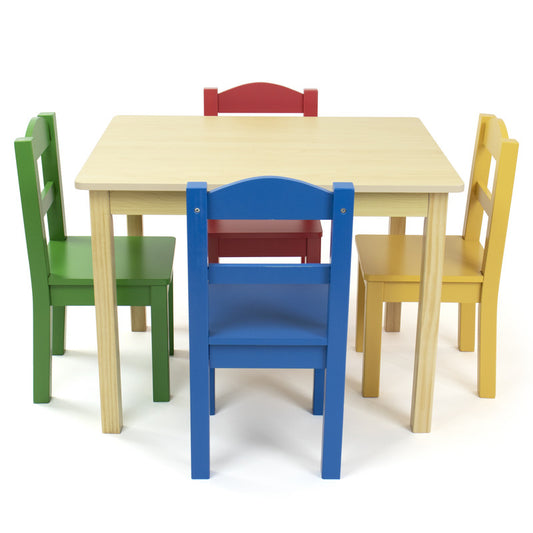 Children's Wooden Square Table and 4 Chairs Set, Natural Wood/Primary