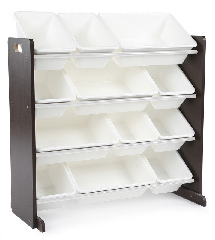 Children's Toy Organiser Shelf with 12 Storage Boxes, Espresso/White