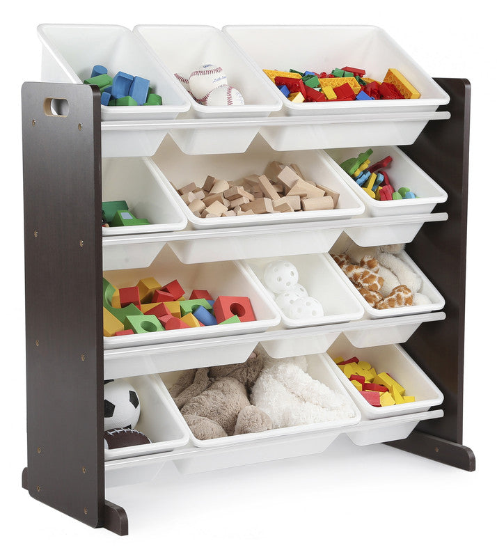Children's Toy Organiser Shelf with 12 Storage Boxes, Espresso/White