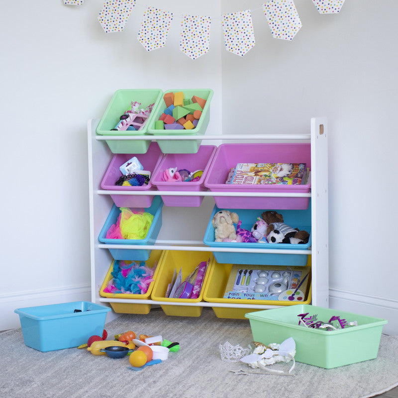 Children's Toy Organiser Shelf with 12 Storage Boxes, White and Pastels