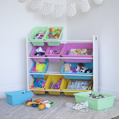 Children's Toy Organiser Shelf with 12 Storage Boxes, White and Pastels