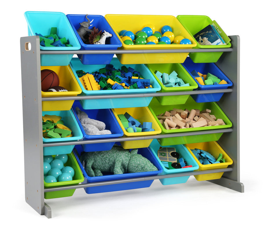 Children's Toy Organiser Shelf with 16 Storage Boxes, Grey/Blue/Green/Yellow