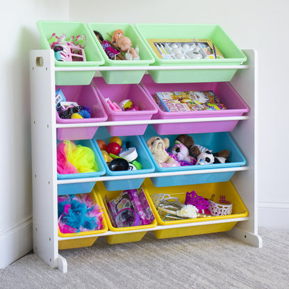 Children's Toy Organiser Shelf with 12 Storage Boxes, White and Pastels