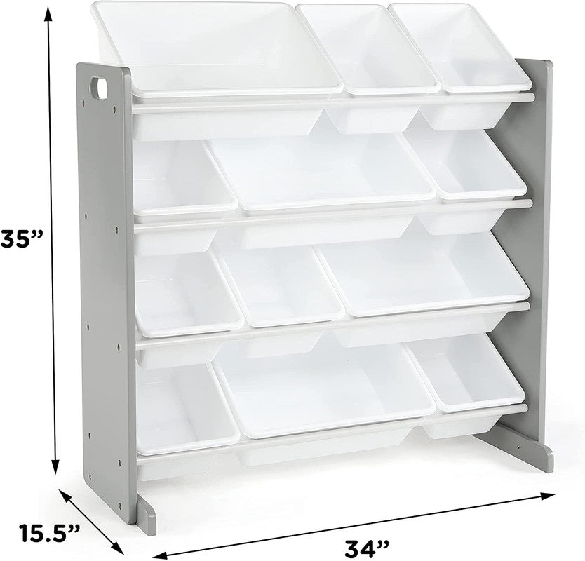 Children's Toy Organiser Shelf with 12 Storage Boxes, Grey/White