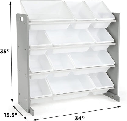 Children's Toy Organiser Shelf with 12 Storage Boxes, Grey/White