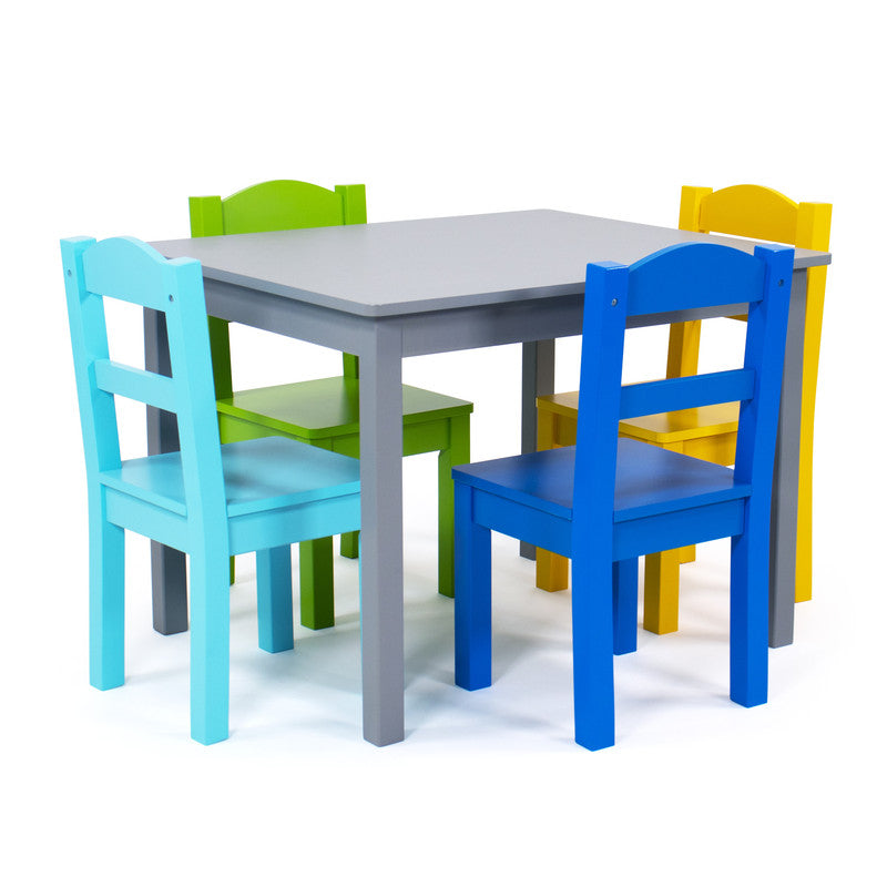 Children's Wooden Square Table and 4 Chairs Set, Grey/Blue/Green/Yellow