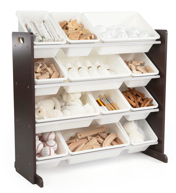Children's Toy Organiser Shelf with 12 Storage Boxes, Espresso/White