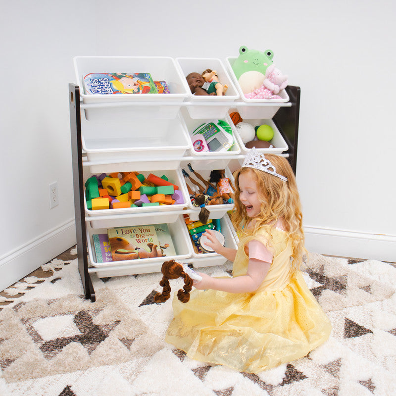 Children's Toy Organiser Shelf with 12 Storage Boxes, Espresso/White
