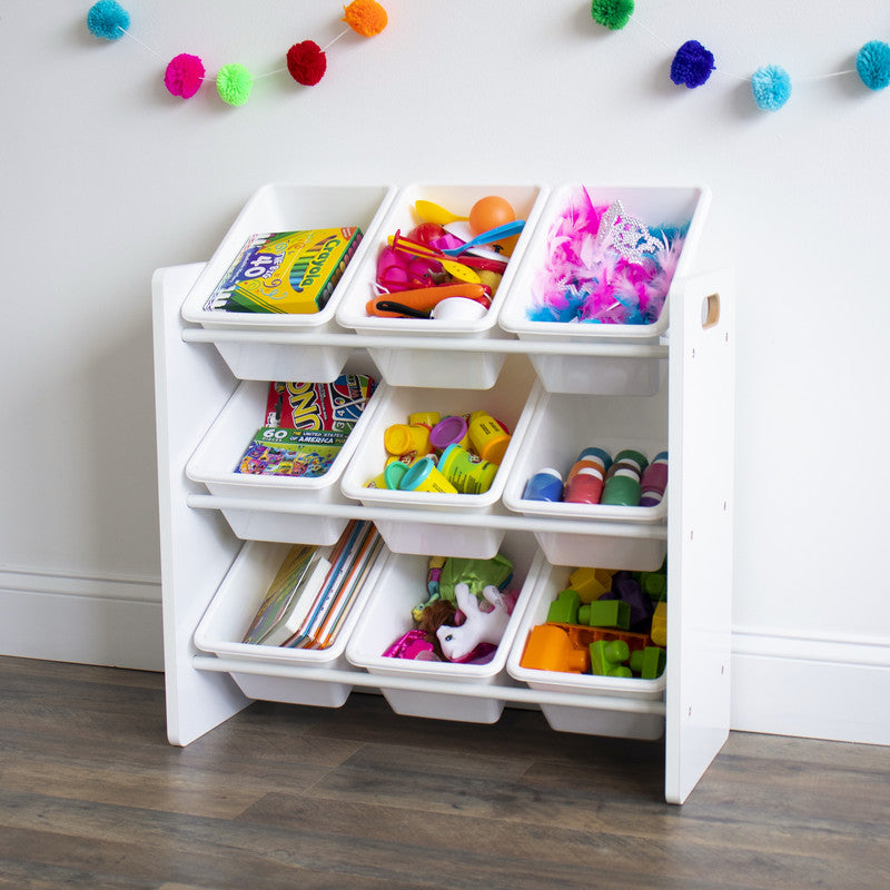 Children's Wooden Toy Organiser with 9 Storage Boxes, White