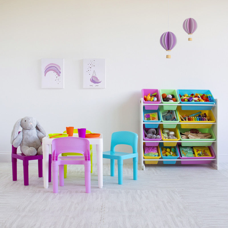 Children's Toy Organiser Shelf with 12 Storage Boxes, White and Pastels