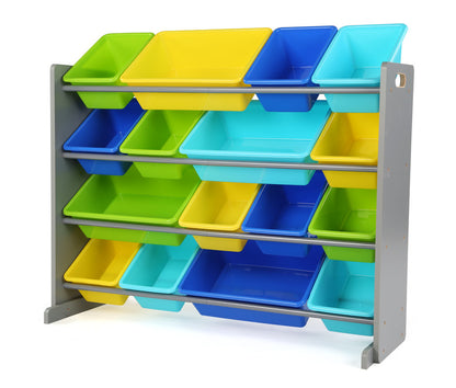 Children's Toy Organiser Shelf with 16 Storage Boxes, Grey/Blue/Green/Yellow