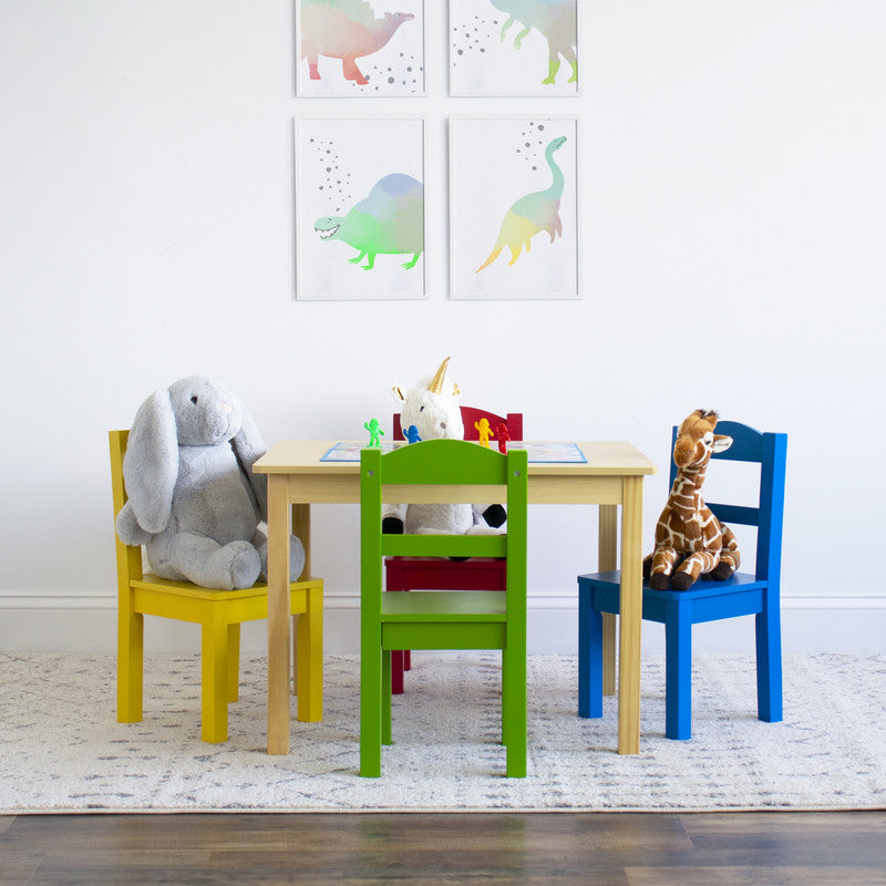 Children's Wooden Square Table and 4 Chairs Set, Natural Wood/Primary