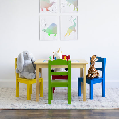 Children's Wooden Square Table and 4 Chairs Set, Natural Wood/Primary