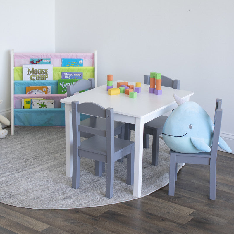 Children's Wooden Square Table and 4 Chairs Set, White/Grey