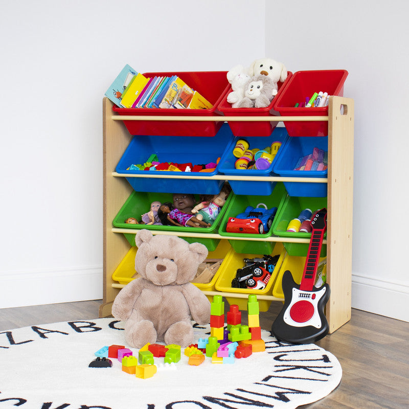 Children's Toy Organiser with 12 Storage Boxes, Natural and Multicolor