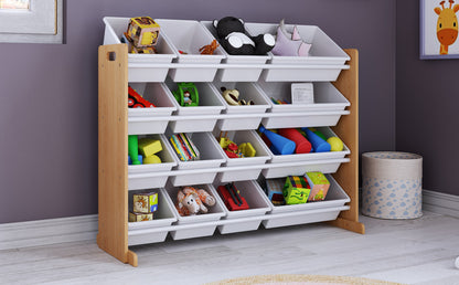 Children's Toy Organiser Shelf with 16 Storage Boxes, Natural/White