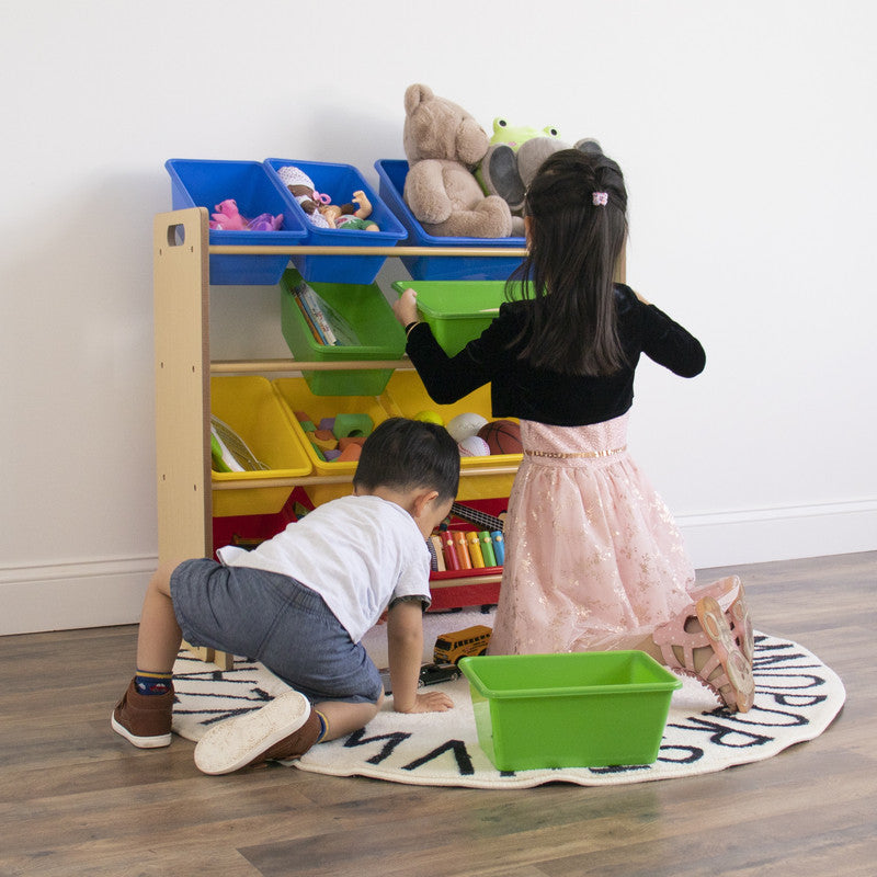 Children's Toy Organiser with 12 Storage Boxes, Natural and Multicolor