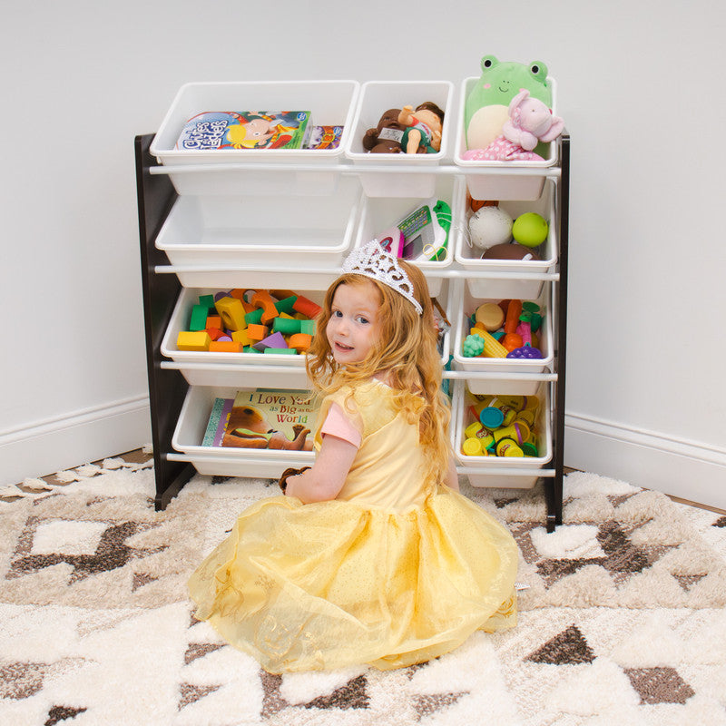 Children's Toy Organiser Shelf with 12 Storage Boxes, Espresso/White