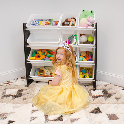 Children's Toy Organiser Shelf with 12 Storage Boxes, Espresso/White
