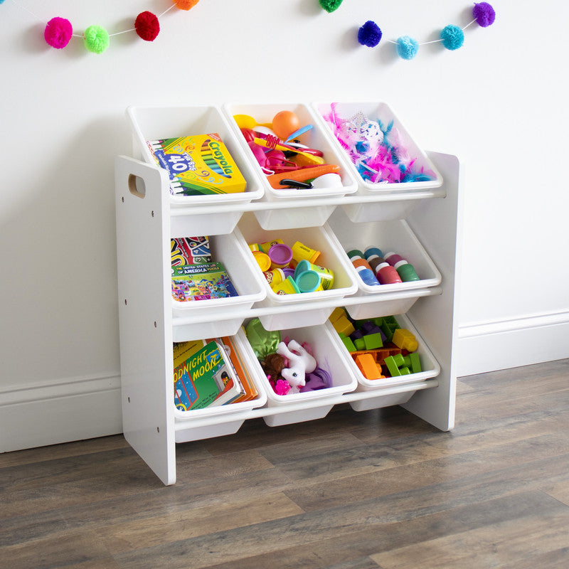 Children's Wooden Toy Organiser with 9 Storage Boxes, White