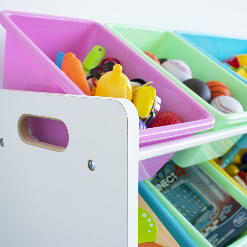 Children's Toy Organiser Shelf with 12 Storage Boxes, White and Pastels