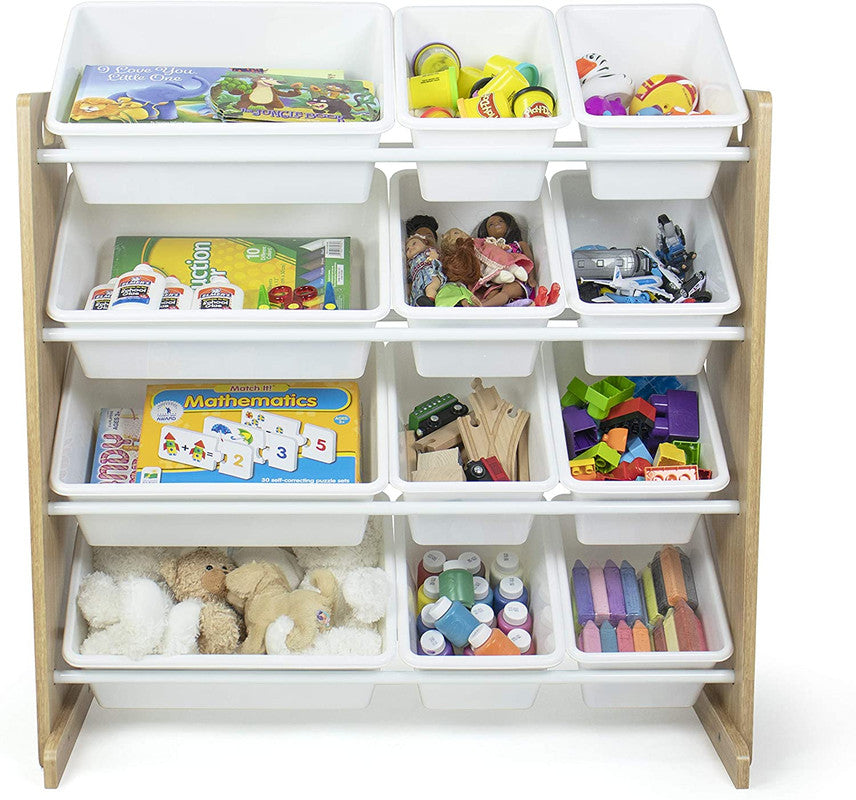 Children's Toy Organiser Shelf with 12 Storage Boxes, Natural/White