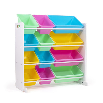 Children's Toy Organiser Shelf with 12 Storage Boxes, White and Pastels