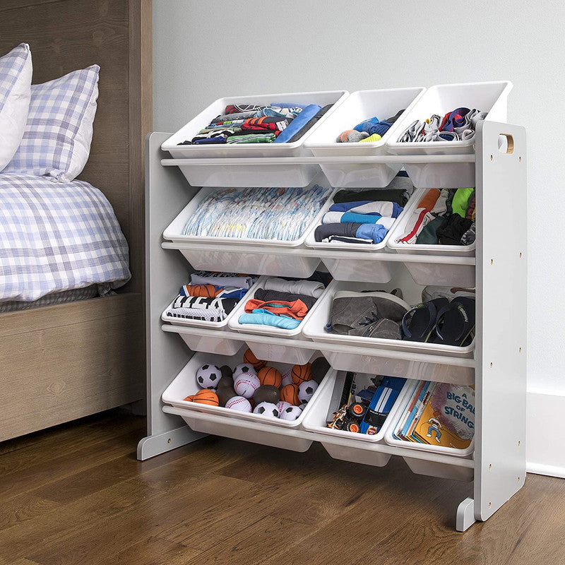 Children's Toy Organiser Shelf with 12 Storage Boxes, Grey/White