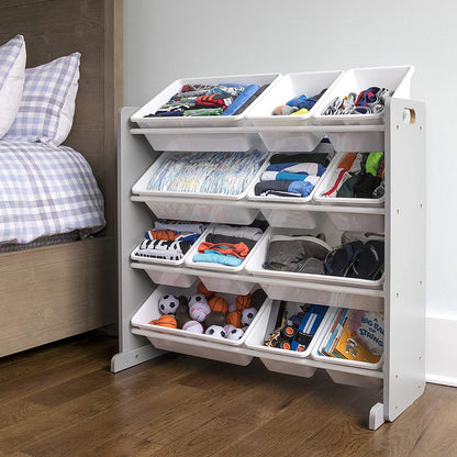 Children's Toy Organiser Shelf with 12 Storage Boxes, Grey/White