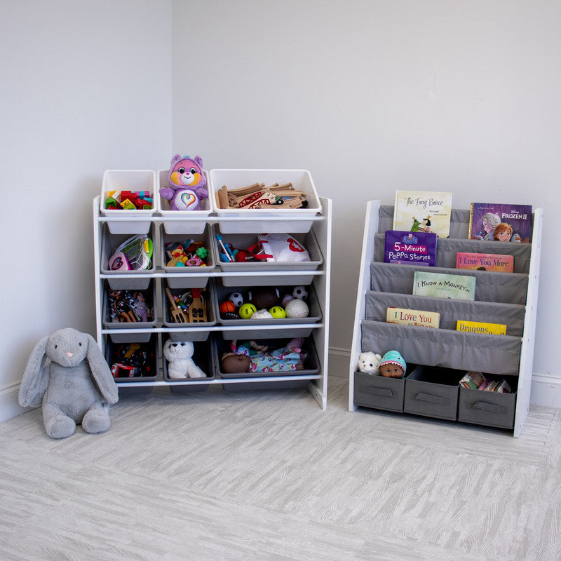 Children's Bookcase Storage Rack with 4 Tiers, White/Grey