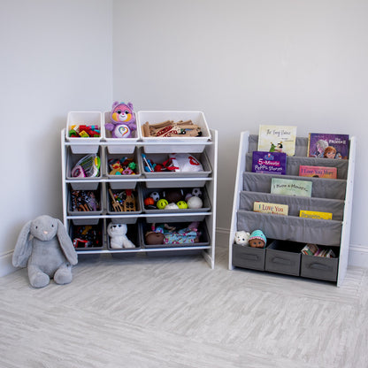 Children's Bookcase Storage Rack with 4 Tiers, White/Grey