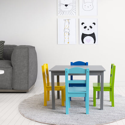 Children's Wooden Square Table and 4 Chairs Set, Grey/Blue/Green/Yellow