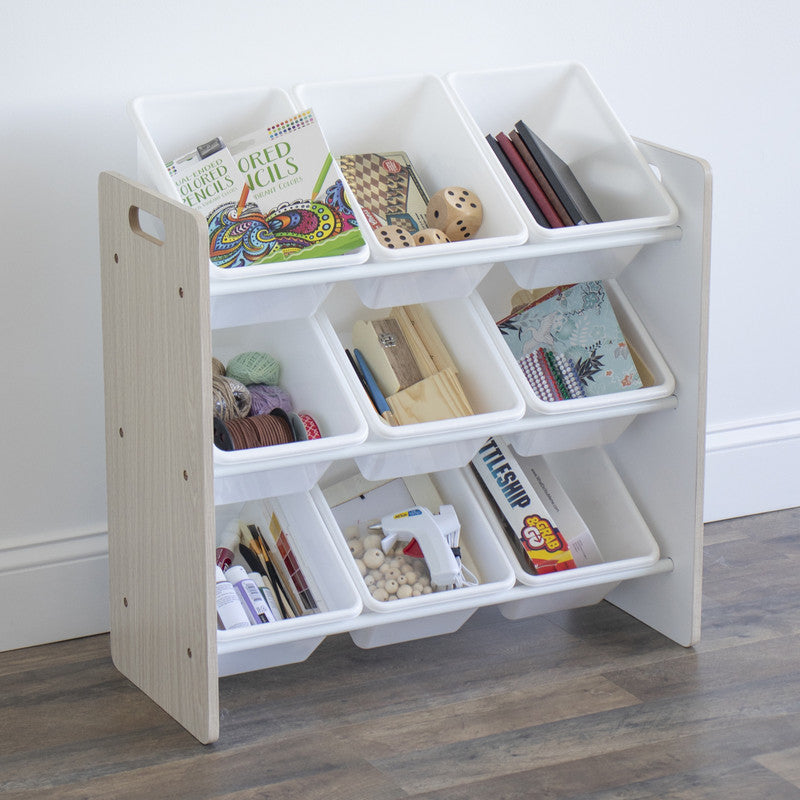 Children's Toy Organiser Shelf with 9 Storage Boxes, Sandwashed/White